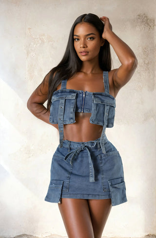 GIGI - DENIM CARGO TOP & SKIRT SET