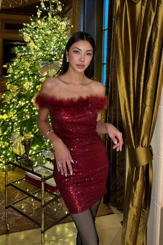 AMARA Sequin Mini Dress With Feather Trim-Meeba &amp; Mae