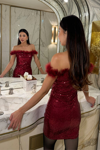 AMARA Sequin Mini Dress With Feather Trim-Meeba &amp; Mae