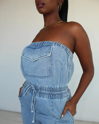 GILLIAN Denim Drawstring Waist Strapless Jumpsuit-Meeba &amp; Mae
