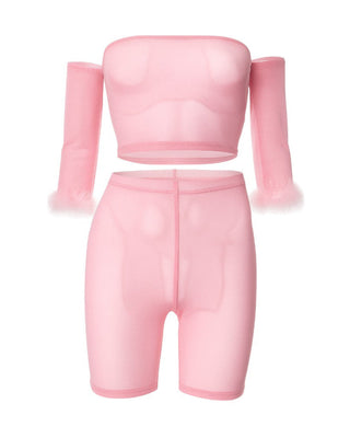 RAMIRA Faux Feather Trim Mesh Top & Shorts Set-Meeba &amp; Mae