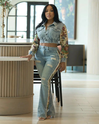 SHAY Denim Tapestry Cropped Jacket & Pant Set-Meeba &amp; Mae