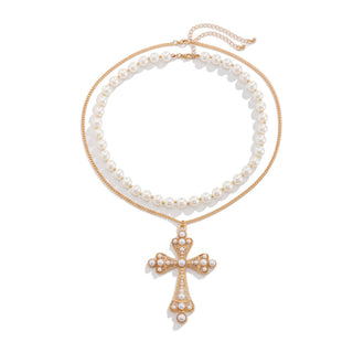 QUINTIS - Pearl Necklace & Large Cross Pendant Set