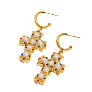 SYRUS - PEARL CROSS EARRINGS