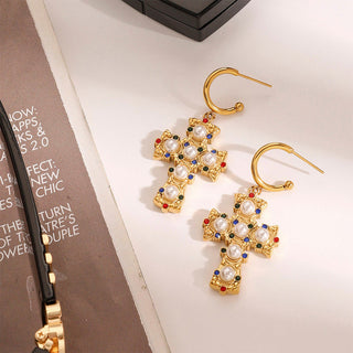 SYRUS - PEARL CROSS EARRINGS