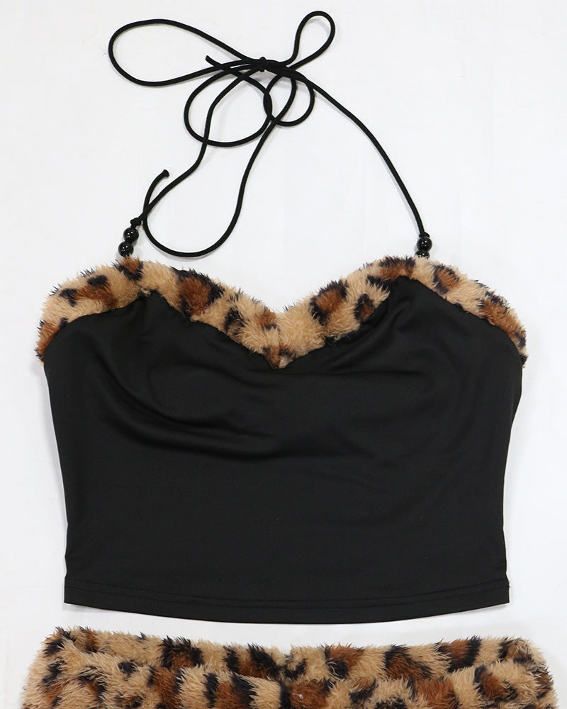 JENNY Leopard Fur Trim Top & Shorts Set-Meeba &amp; Mae