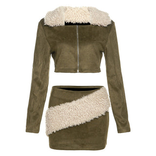 PECILLIA - Fur Suede Crop Zip Jacket & Mid Waist Fur Skirt