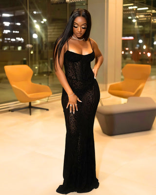 REGINA Leopard Print Velvet Detail Mesh Maxi Dress-Meeba &amp; Mae