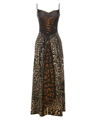 CAITLYN Leopard Print Lace-up Waist Maxi Dress-Meeba &amp; Mae