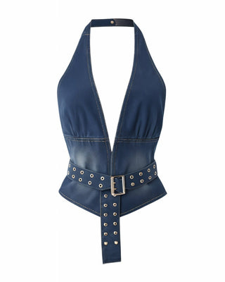 ARIA Denim Buckle Halter Top-Meeba &amp; Mae