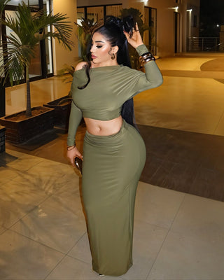 LUCINA Sleeve Oblique Top & Maxi Skirt Set-Meeba &amp; Mae
