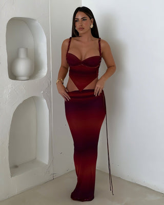 AMAVIA Sculpted Twist Top & Wine-Hued Skirt Set-Meeba &amp; Mae