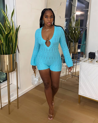 ZELIRAH Open-Knit V-Neck Bell Sleeve Romper-Meeba &amp; Mae