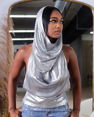 MAYAN Hooded Open-back Metallic Top-Meeba &amp; Mae