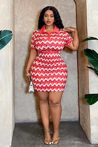 VIVICA Geometric Pattern Polo Collar Mini Dress-Meeba &amp; Mae