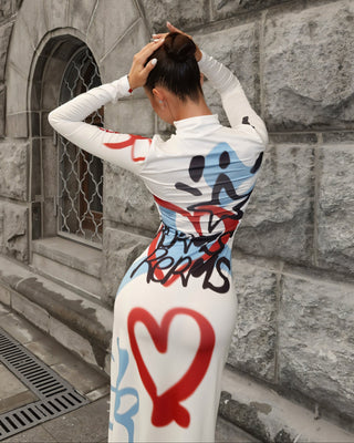 RAMY Graffiti Print Long Sleeve Mock Neck Maxi Dress-Meeba &amp; Mae