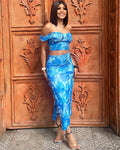 XYLIA Blue Marble Off-Shoulder Crop & Midi Skirt Set-Meeba &amp; Mae