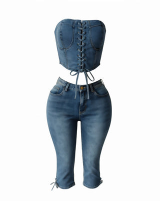 ISSA Laced Denim Corset Top & Capri Pants Set-Meeba &amp; Mae