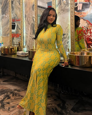 VIAN Geometric Print Long-Sleeved Maxi Dress-Meeba &amp; Mae