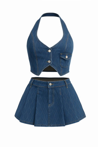 REIGN Denim Halter Crop Top & Mini Skort Set-Meeba &amp; Mae