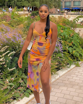 HANNAH V-neck Mid-length Slit Midi Dress-Meeba &amp; Mae