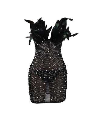 KAYALI Pearl & Rhinestone Embellished Feather Mini Dress-Meeba &amp; Mae