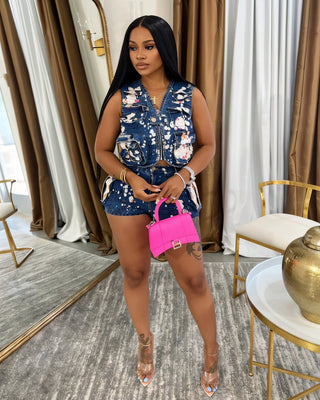 WANDA Paint-Splatter Detail Denim Vest & Shorts Set-Meeba &amp; Mae