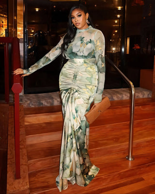 MAELIS Abstract Print Top & Ruched Maxi Skirt Set-Meeba &amp; Mae