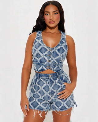 APRIL Diamond Patterned Denim Sleeveless Top & Shorts Set-Meeba &amp; Mae