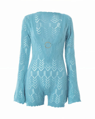 ZELIRAH Open-Knit V-Neck Bell Sleeve Romper-Meeba &amp; Mae