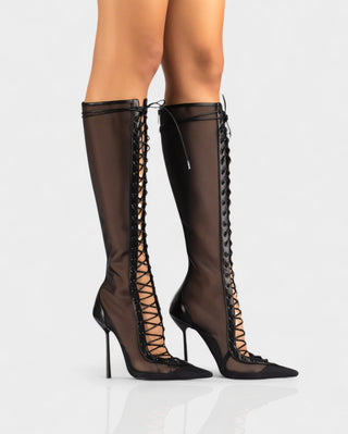 ESCAS Lace-Up Mesh Knee-High Stiletto Boots