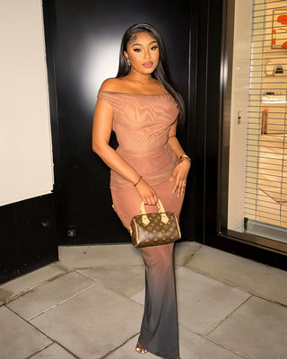 DELMA Mesh Ruched Off-Shoulder Maxi Dress-Meeba &amp; Mae