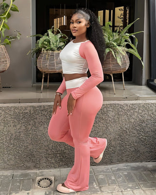 EMELIA Contrast Long Sleeve Top & Flare Pants Set-Meeba &amp; Mae
