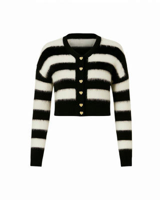 NARIA Striped Fuzzy Button-Up Cropped Cardigan