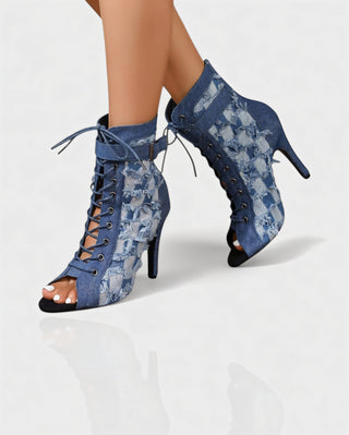 REIKO Buckled Ankle Strap Lace-Up Denim Boots