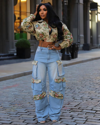 SHENA Floral Cropped Jacket & Cargo Jean Set