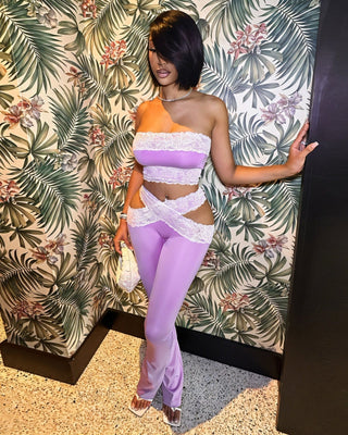 DENIA Lace Trim Strapless Top & Flared Pants Set-Meeba &amp; Mae