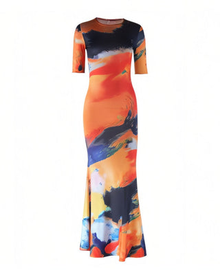 CAIA Round Neck Short Sleeve Printed Maxi Dress-Meeba &amp; Mae