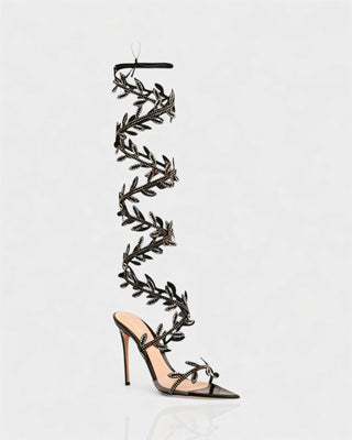 QUINA Leaf Embellished Lace-Up Stiletto Heels