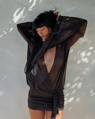 SHEIRA Drape Long-sleeve Mesh Mini Dress-Meeba &amp; Mae