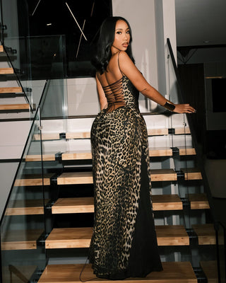 CAITLYN Leopard Print Lace-up Waist Maxi Dress-Meeba &amp; Mae