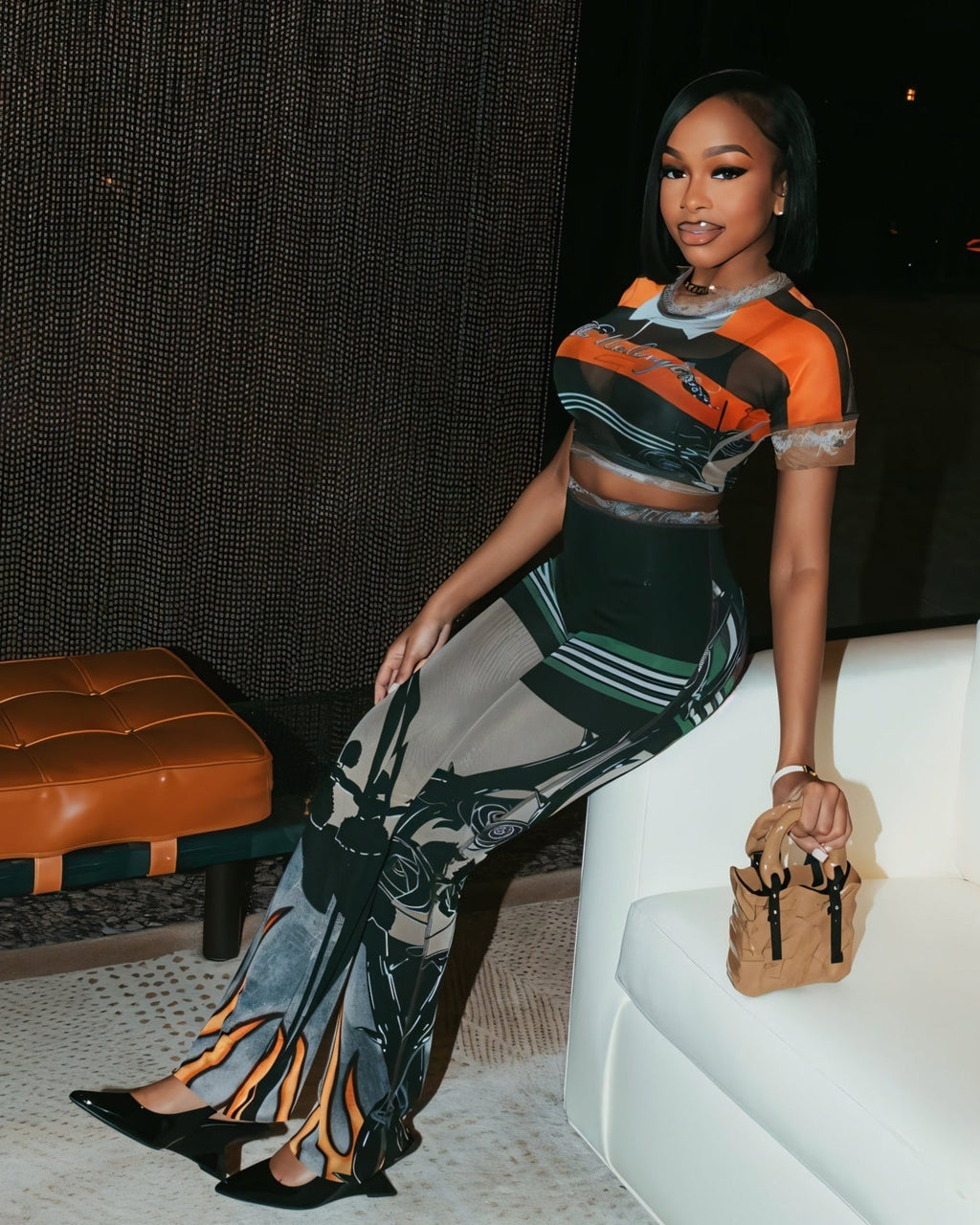 ASHLYN Printed Mesh Crop Top & Pants Set-Meeba &amp; Mae