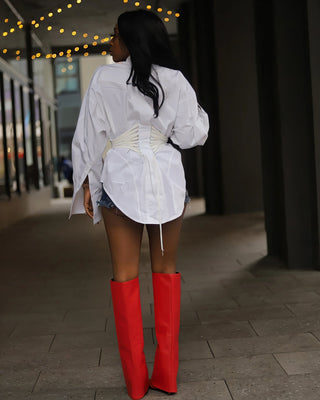 ALEXANDRA Corset Waist Button-Up Shirt Dress-Meeba &amp; Mae