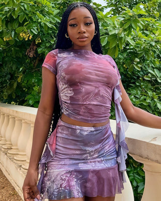 ELISKA Ruffled Watercolor Print Top & Skirt Set-Meeba &amp; Mae