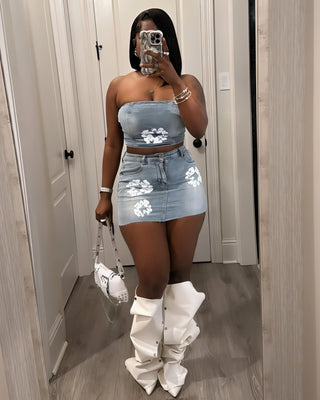 ALANA Floral Print Denim Top & Skirt Set-Meeba &amp; Mae