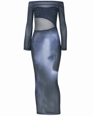 LANE Abstract Print Off-Shoulder Mesh Maxi Dress-Meeba &amp; Mae