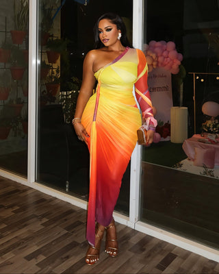 LUMEA One-Shoulder Mesh Drape Maxi Dress-Meeba &amp; Mae