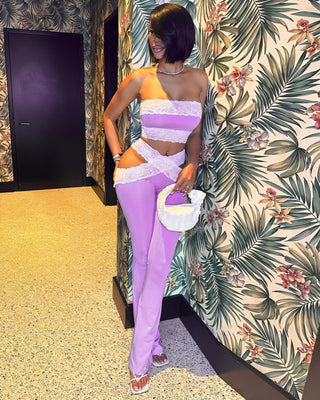 DENIA Lace Trim Strapless Top & Flared Pants Set-Meeba &amp; Mae