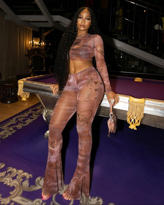 EVARINE Graffiti Print Mesh Long Sleeve Top & Flare Pants Set-Meeba &amp; Mae