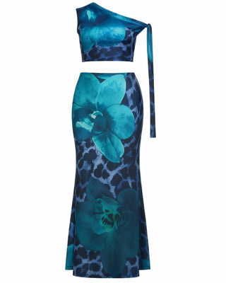 VIONETTE One-Shoulder Floral Leopard Print Top & Maxi Skirt Set-Meeba &amp; Mae